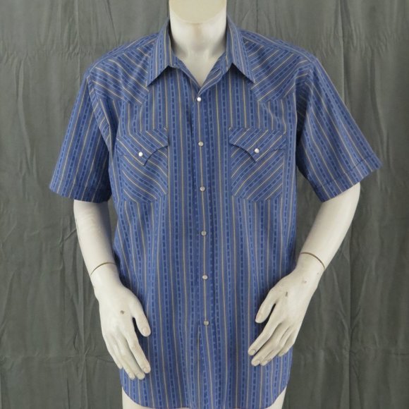 Vintage Western Short Sleeve Shirt - Blue and Yellow Stripes by Ely - Men's XL - Picture 5 of 10
